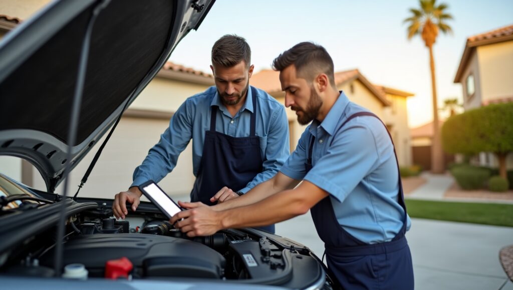 Mobile mechanic in Las Vegas performing car repairs at a residential driveway under the bright sun