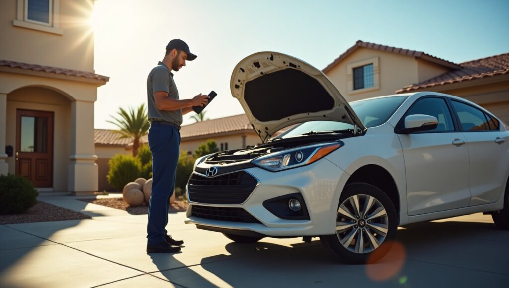Mobile Mechanics of Vegas technician diagnosing and fixing a vehicle on-site in a Las Vegas neighborhood