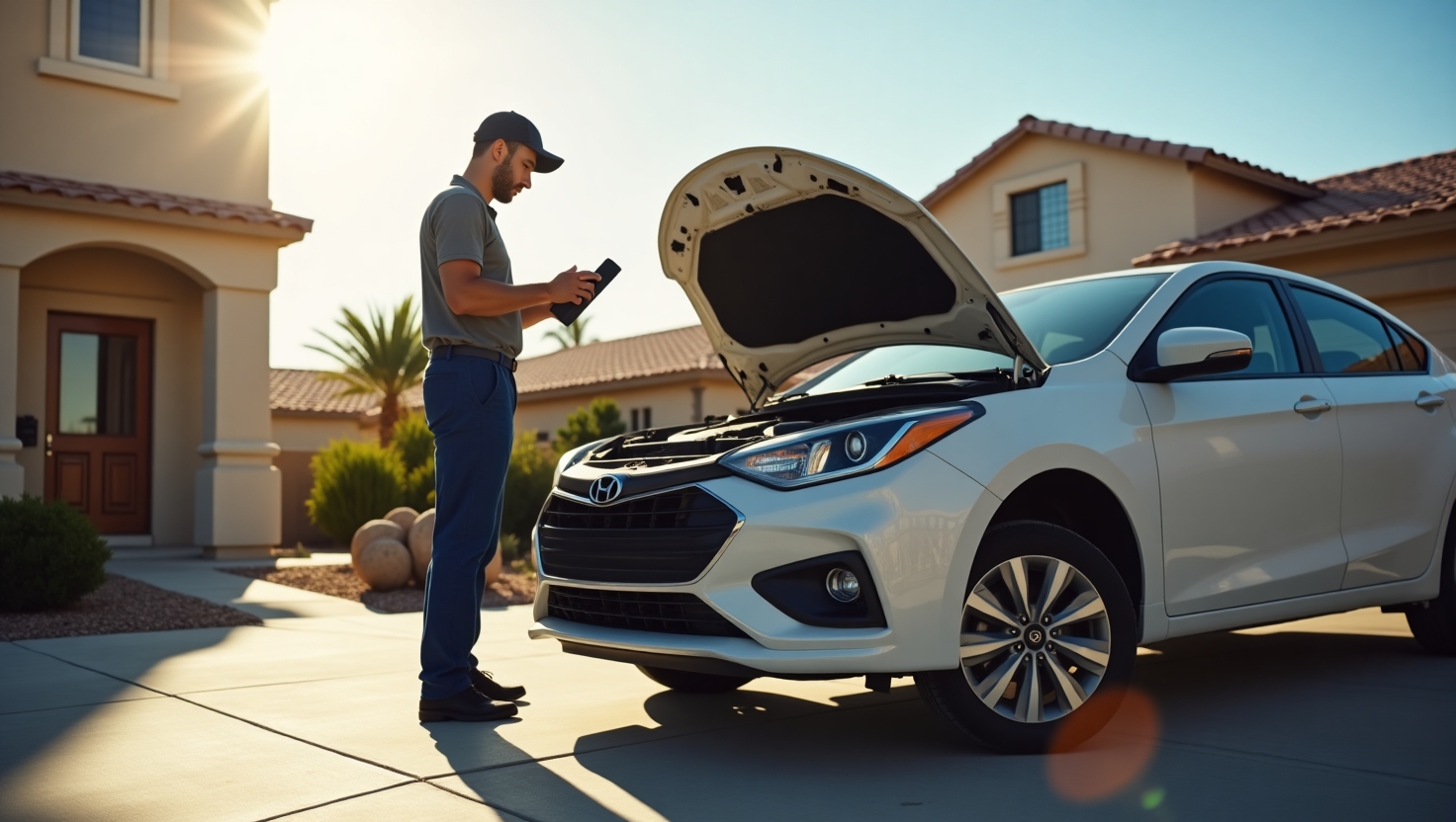 Mobile Mechanics of Vegas technician diagnosing and fixing a vehicle on-site in a Las Vegas neighborhood